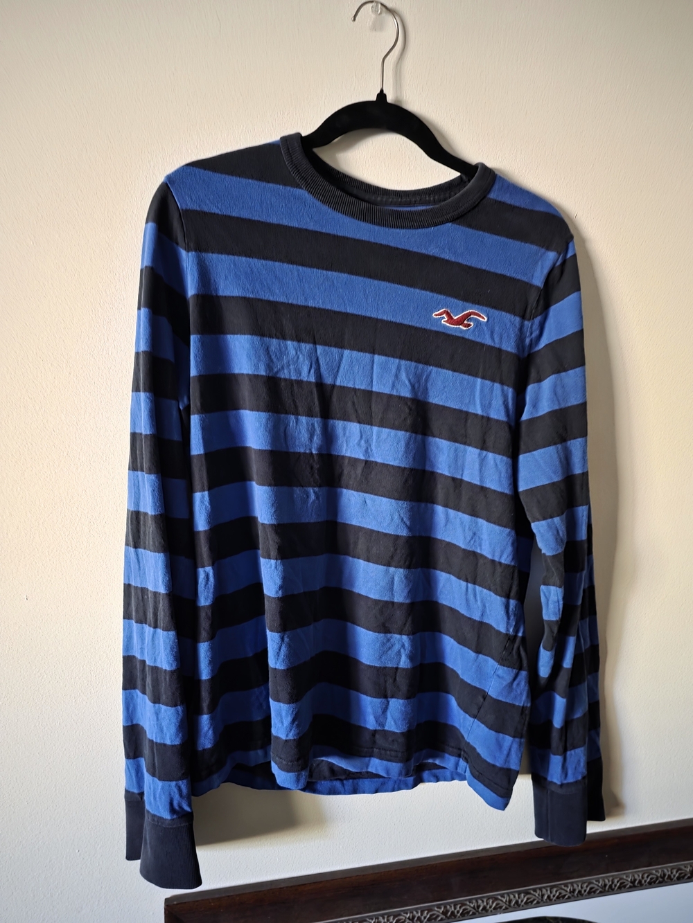 Hollister Men's Black & Blue Striped Long Sleeve Tee with Logo